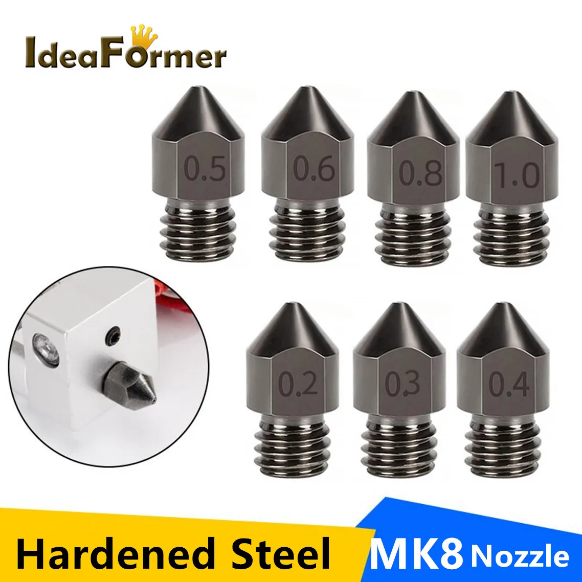 1/3 sztuk MK8 dysza stal hartowana M6 odporne na korozję wytłaczarki 0.4/0.6/0.8mm 3D dysza drukarki dla CR10…