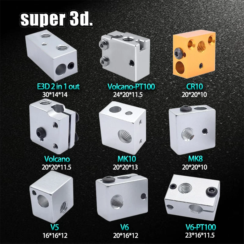 1 szt. blok cieplny 3D E3D V5 V6 MK7 MK8 MK2 MK10 Volcano PT100 CR10 2 IN 1 OUT aluminium/mosiądz do części…