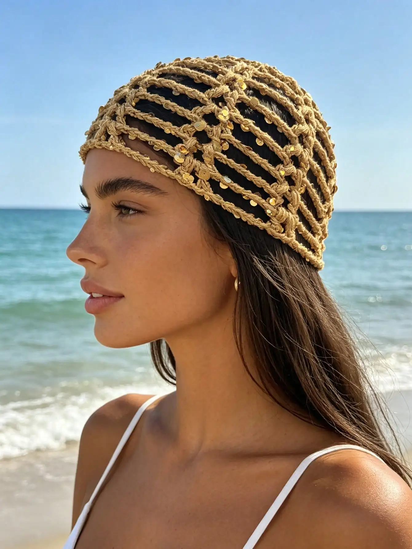 1 szt. Czapka beanie w stylu bohemy, jednolita, ażurowa, z cekinami