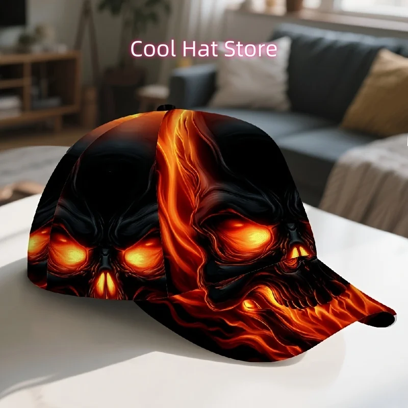 1 szt. Męska czapka baseballowa z nadrukiem czaszki Hellfire, regulowana | Świecące Pomarańczowe Oczy i Wzór Płomienia – Gotycka Czapka Streetwear, Lekka