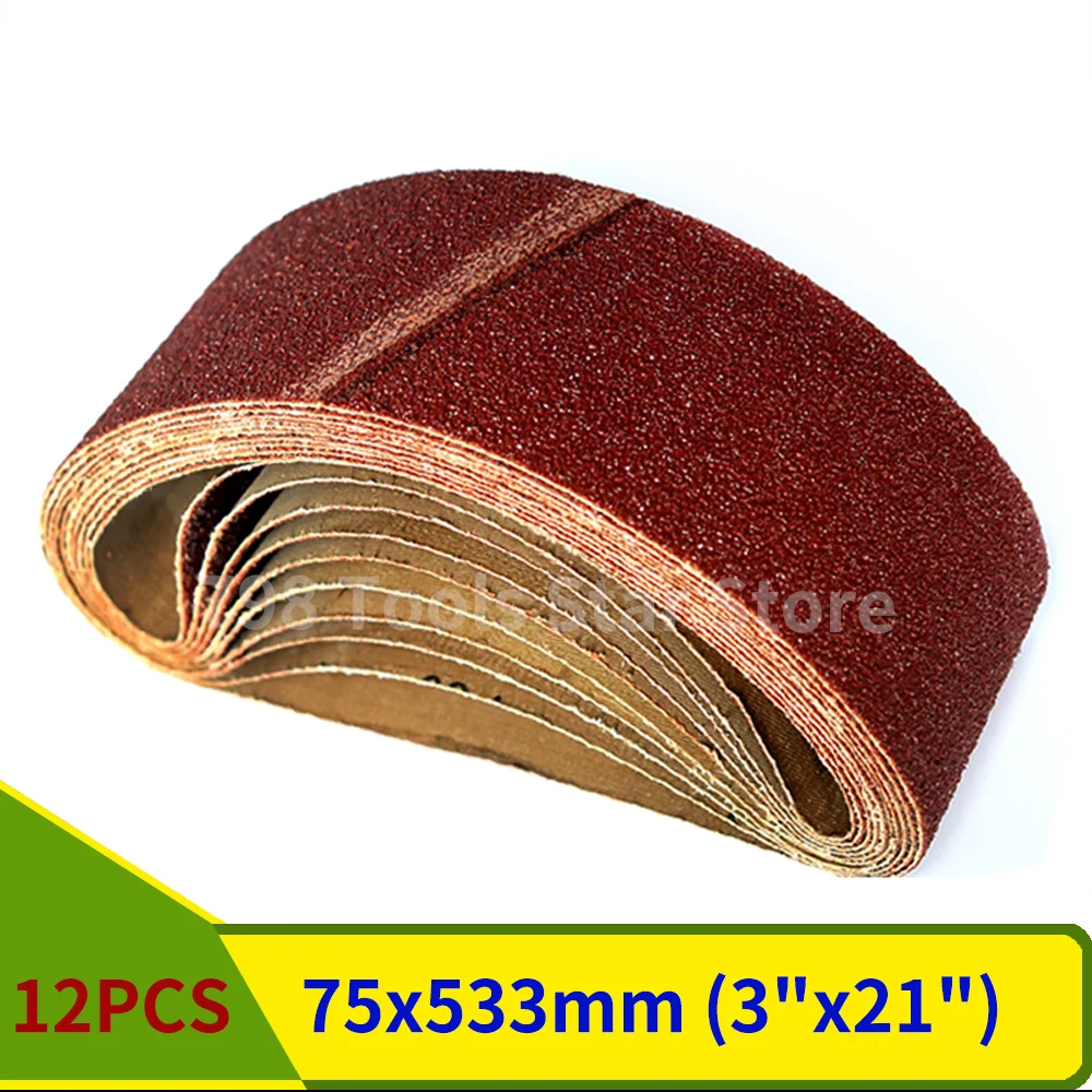 12 szt. 533*75mm pasy szlifierskie 80/120/150 mieszane ziarno 3 „* 21” pasy ścierne z tlenku glinu do drewna…