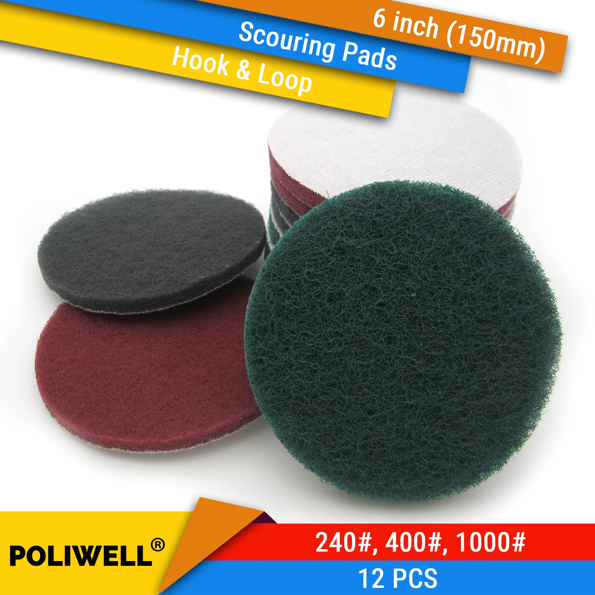 12 szt. 6 cali 150mm okrągłe haczyki i pętelki przemysłowe podkładki do szorowania Heavy Duty 240/400/1000…