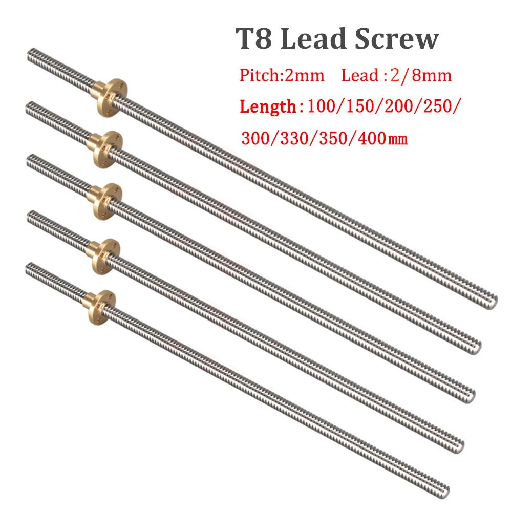 2szt T8 Śruba pociągowa Trapezowy pręt Skok 2mm Prowadnica 2mm/8mm 100/150/200/300/350/400mm T8 Śruba…
