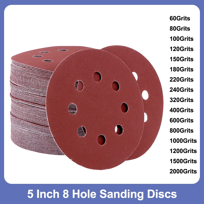 5/10/100 sztuk 5 „125mm 8 otworów pętla z haczykiem tarcze szlifierskie zestaw podkładek papierowych 60 grysów… 5/10/100 sztuk 5 „125mm 8 otworów pętla z haczykiem tarcze szlifierskie zestaw podkładek papierowych 60 grysów…