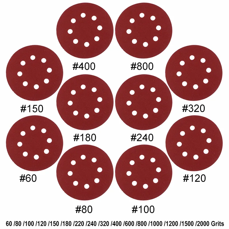 5/10 sztuk 5 cali 125mm okrągły papier ścierny ośmiotworowy dysk arkusze ścierne ziarno 60-2000 tarcza…
