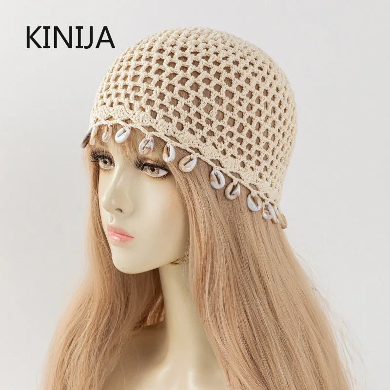 Bawełniana szydełkowa czapka typu beanie z muszelkami, dekorowana muszelkami, ręcznie robiona czapka dziergana, oddychająca ażurowa czapka, letnia czapka w stylu bohemy, czapka wkładana przez głowę Bawełniana szydełkowa czapka typu beanie z muszelkami, dekorowana muszelkami, ręcznie robiona czapka dziergana, oddychająca ażurowa czapka, letnia czapka w stylu bohemy, czapka wkładana przez głowę
