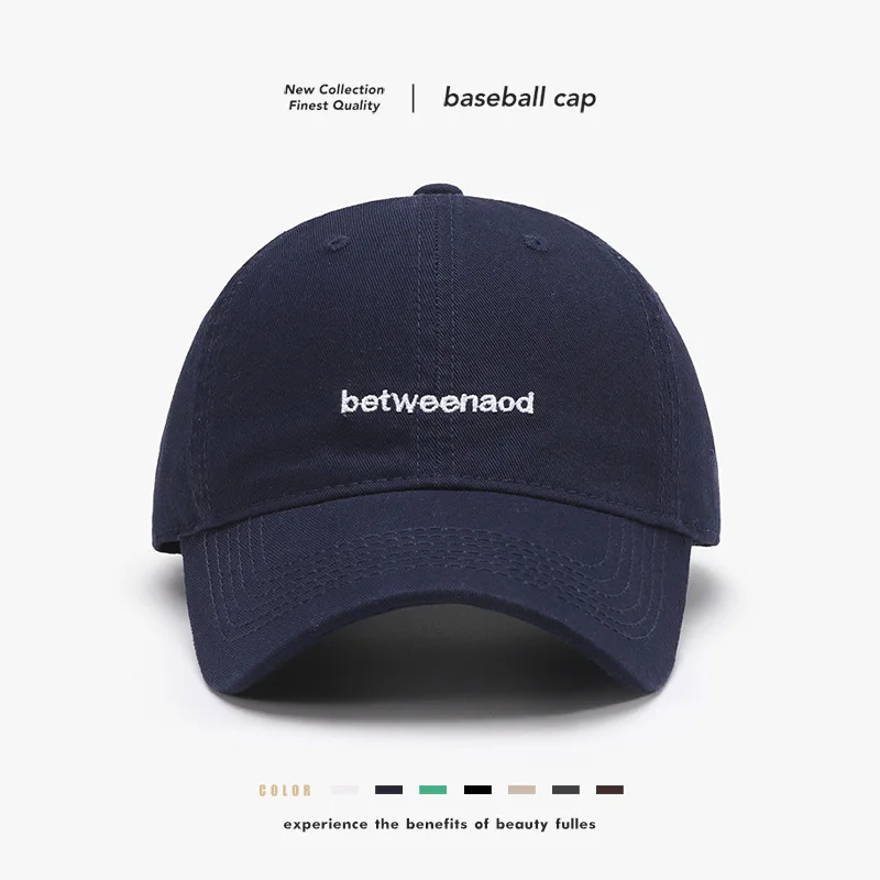 Ciemnoniebieska czapka bejsbolówka z miękkim daszkiem, unisex, duży rozmiar, haftowane litery, efekt sprania, moda outdoorowa, minimalistyczna, na wiosnę/lato