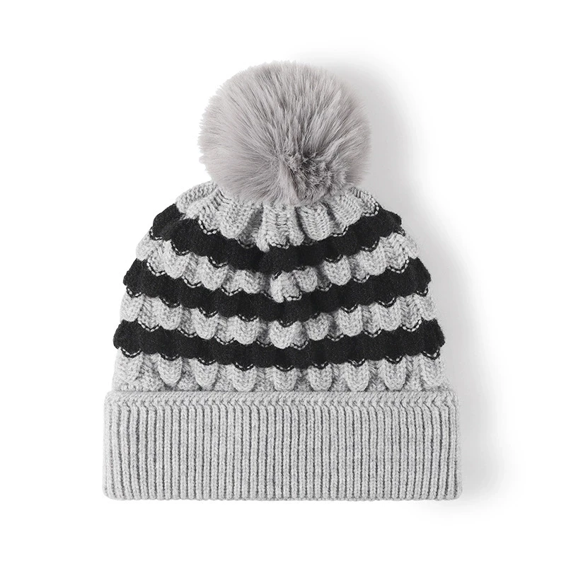 Ciepła czapka wełniana z uszkami i pomponami na jesień/zimę dla kobiet, ocieplana polarem, modna czapka beanie z dzianiny w bloki kolorów