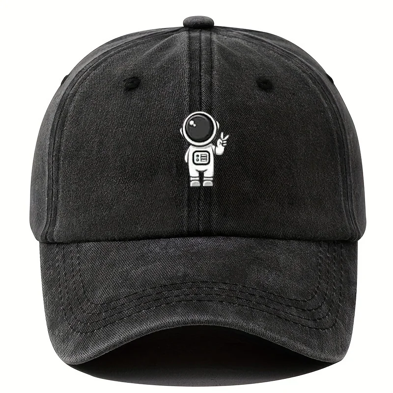 Czapka baseballowa 2026 w stylu vintage, czarna, z efektem sprania, z nadrukiem astronauty, regulowana, typu dad hat, unisex, bawełniana, casualowa, streetwear dla fanów kosmosu
