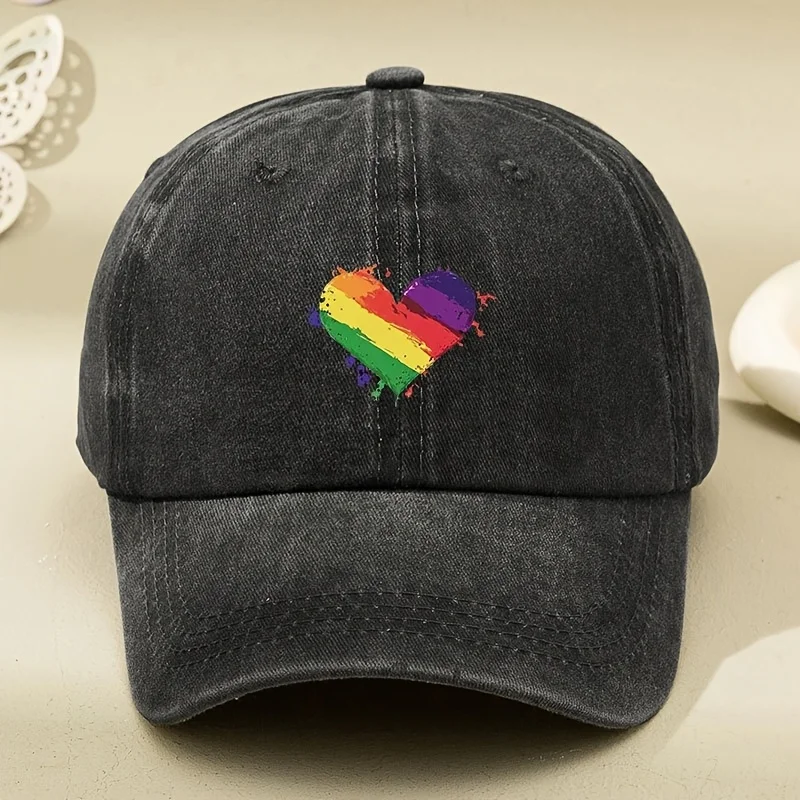 Czapka baseballowa w stylu retro z tęczowym nadrukiem w kształcie serca, z osłoną przeciwsłoneczną i regulacją w stylu antycznym