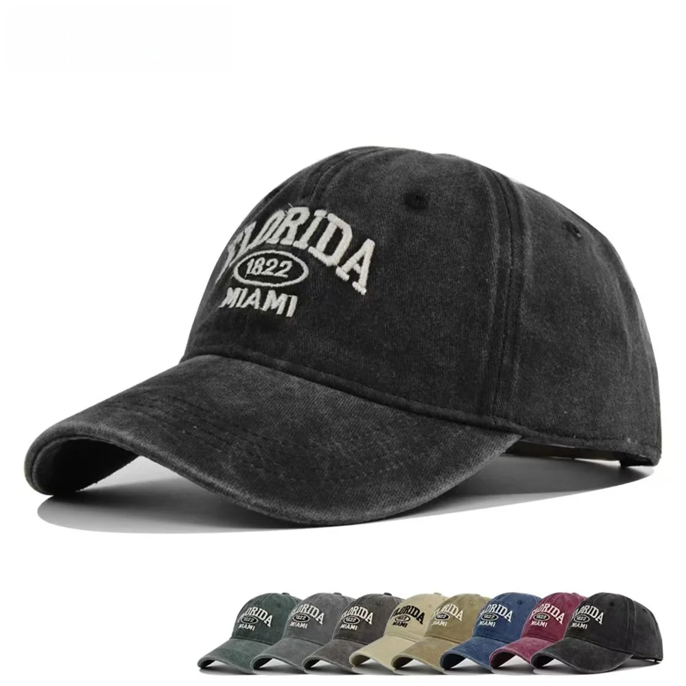 Czapka baseballowa w stylu vintage, sprana, z haftem FLORIDA, dla mężczyzn i kobiet, czapka przeciwsłoneczna, casualowa czapka typu snapback, czapka hip-hopowa z zakrzywionym daszkiem, miękka czapka z miękkim wierzchem