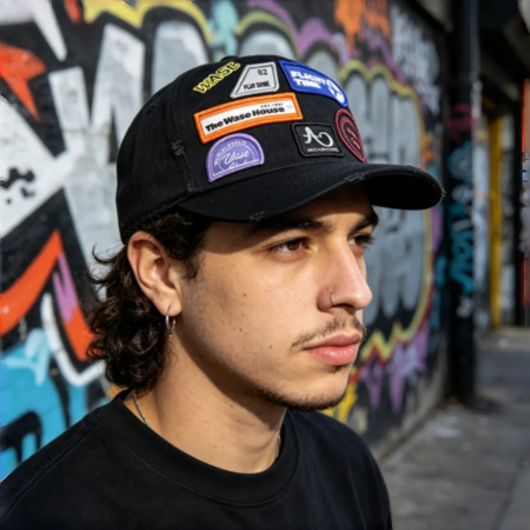 Czapka baseballowa z retro, wielokolorowym haftem naszywanym. Wyprana, postarzana bawełniana czapka typu trucker z naszywkami w stylu vintage. Moda uliczna w stylu retro Czapka baseballowa z retro, wielokolorowym haftem naszywanym. Wyprana, postarzana bawełniana czapka typu trucker z naszywkami w stylu vintage. Moda uliczna w stylu retro