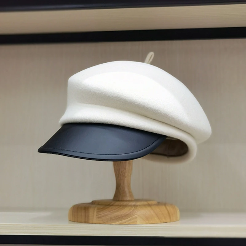 Czapka beret z wełny i skóry z kołnierzem, nowy styl 2026, koreańska edycja, wykwintna, modna, uniwersalna czapka malarska typu newsboy Czapka beret z wełny i skóry z kołnierzem, nowy styl 2026, koreańska edycja, wykwintna, modna, uniwersalna czapka malarska typu newsboy