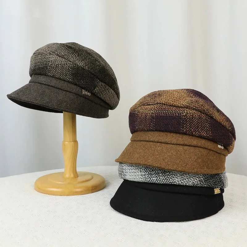 Czapka damska w stylu brytyjskim na jesień/zimę, ciepła, outdoorowa, vintage beret, czapka malarska w kratę