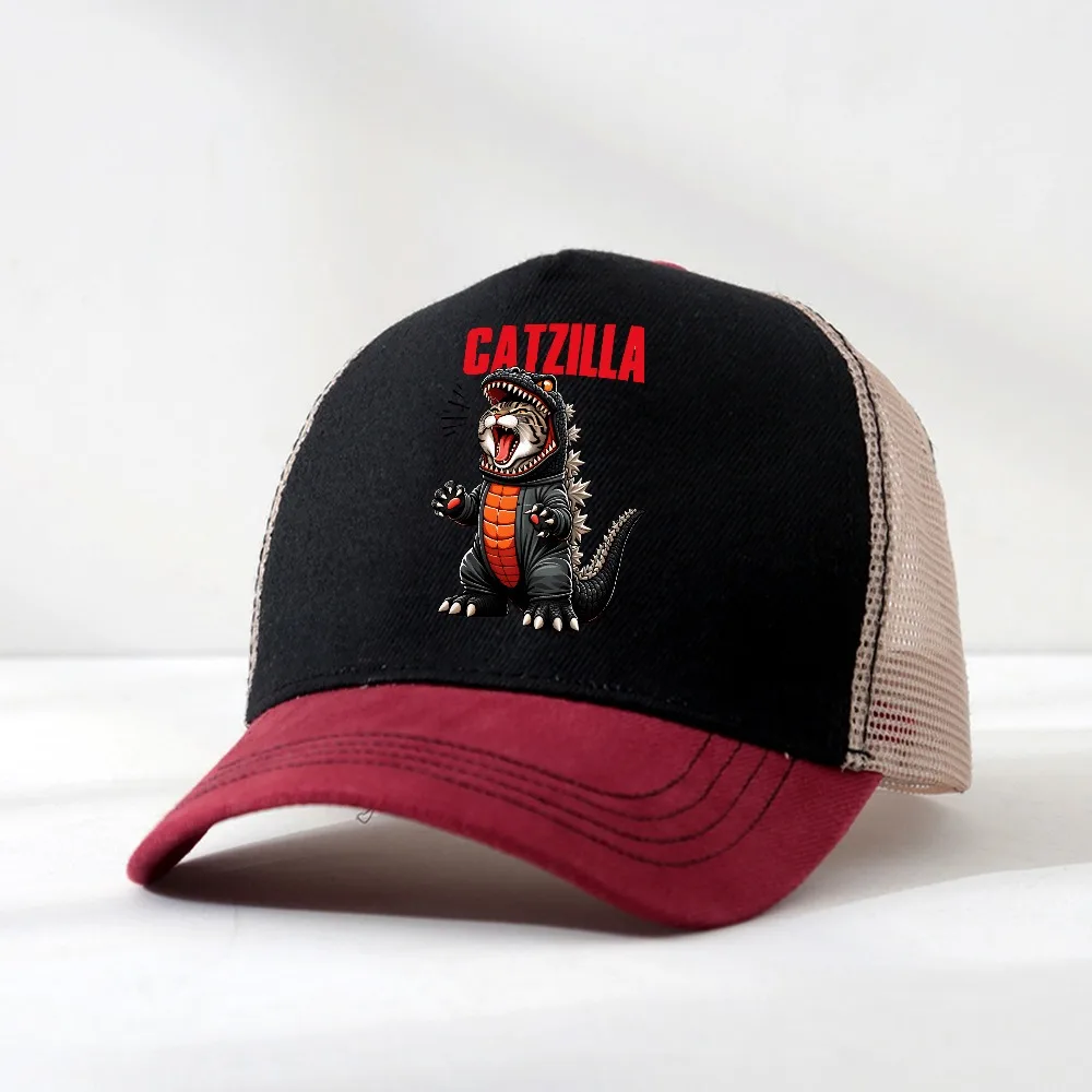 Czapka z daszkiem Catzilla Cat, japońska, zabawna, baseballowa, dla mężczyzn i kobiet, vintage, z nadrukiem kreskówkowym, codzienna, oddychająca, typu trucker, z siatką, na zewnątrz