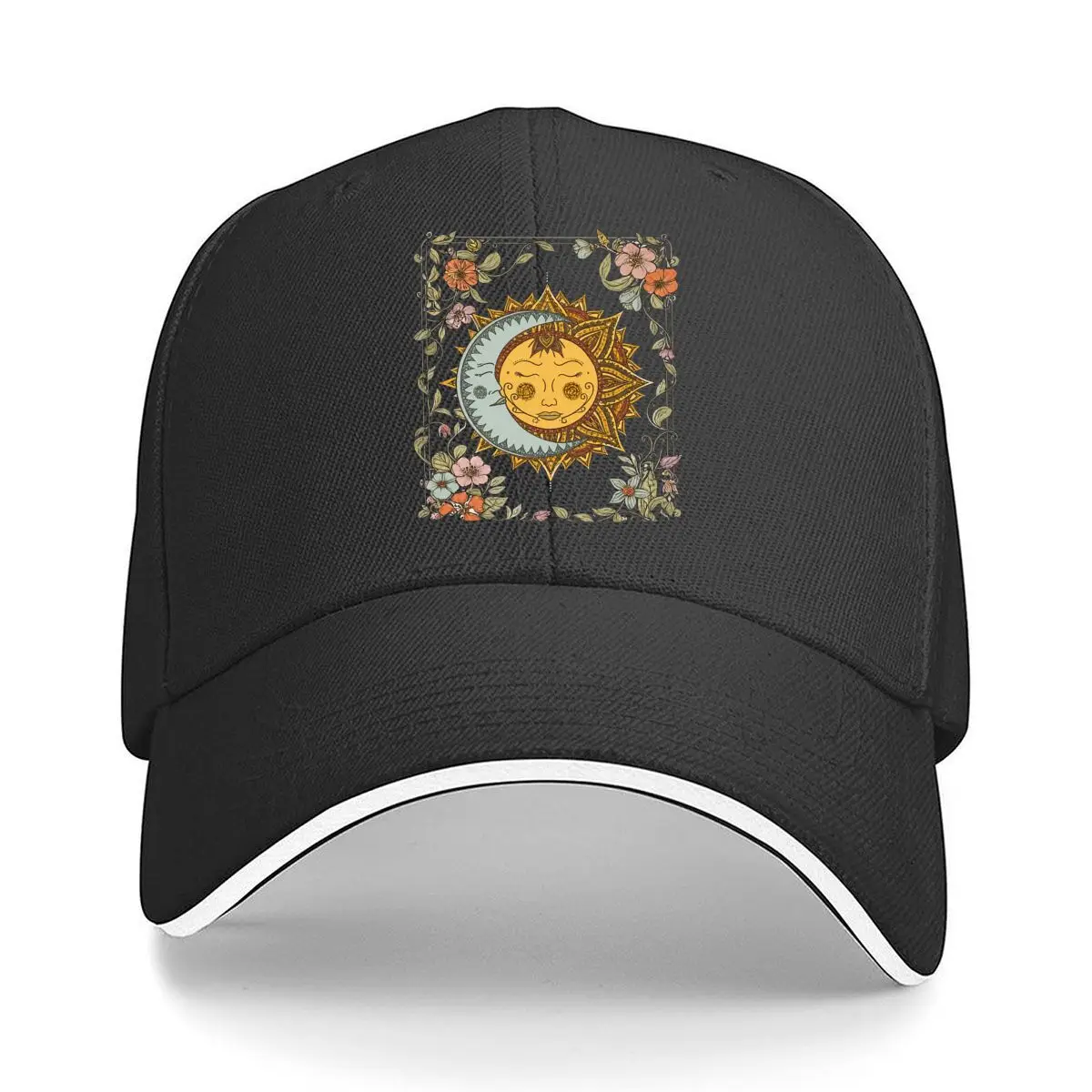 Czapka z daszkiem Celestial Sun Moon Face Floral Vintage Boho Art, czapka przeciwsłoneczna, czapka do ćwiczeń na zewnątrz