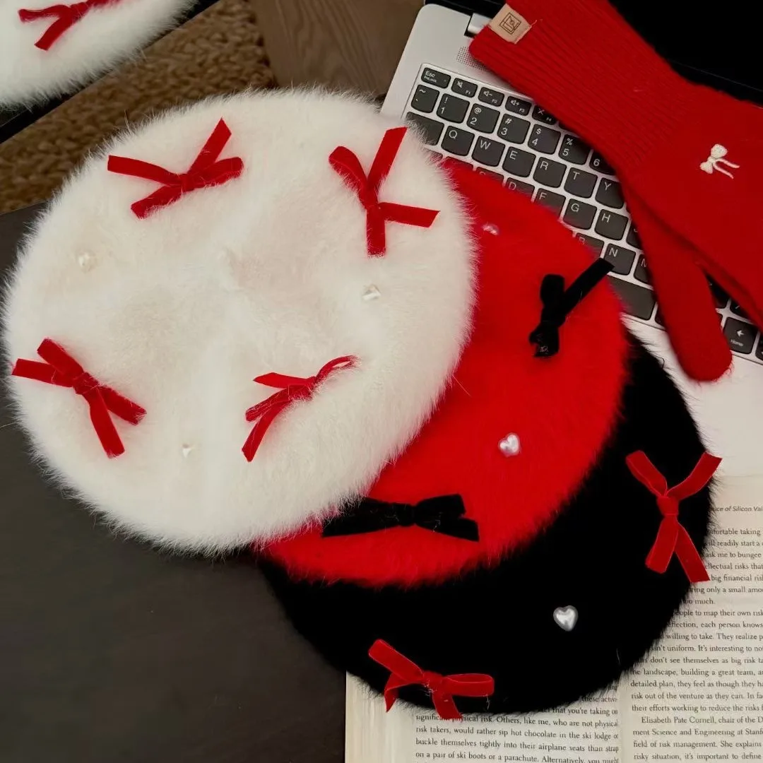 Czapki zimowe damskie z futra królika z kokardą i koralikami, beret damski, słodka czapka malarska, francuskie berety damskie, czerwona czarna biała czapka typu flat cap Czapki zimowe damskie z futra królika z kokardą i koralikami, beret damski, słodka czapka malarska, francuskie berety damskie, czerwona czarna biała czapka typu flat cap