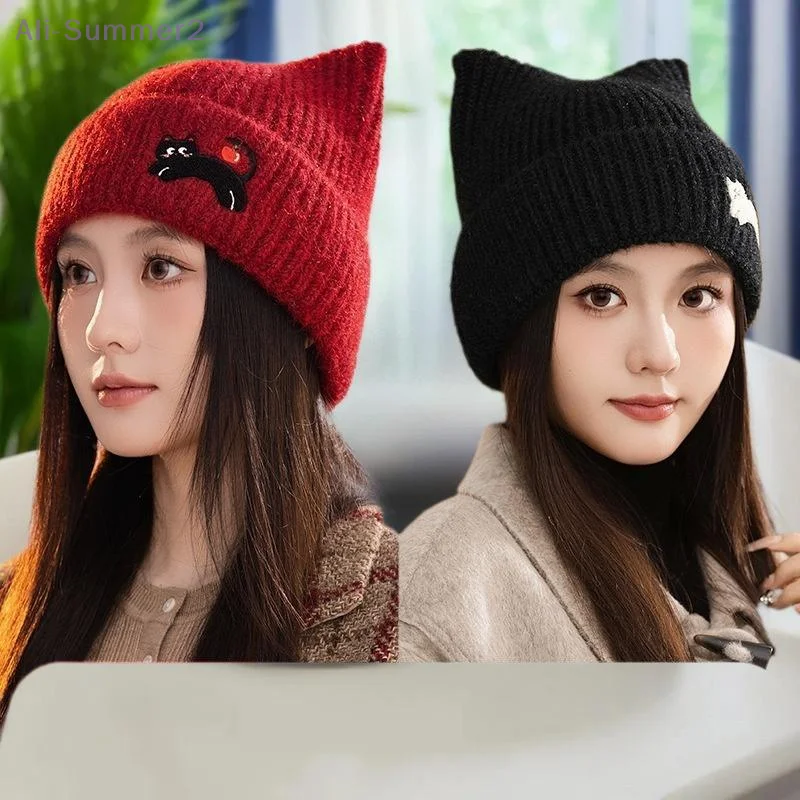 Czapki zimowe damskie z kocimi uszkami, pluszowe, ciepłe, termiczne, w stylu koreańskim, idealne na zimę, na śnieg, typu beanie/skullies