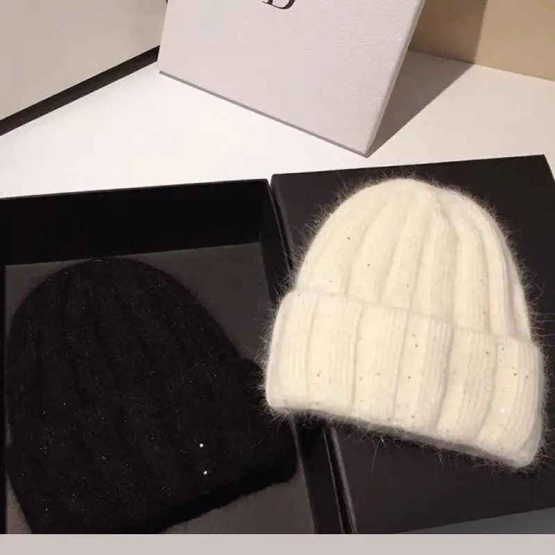 Czapki zimowe unisex damskie męskie z futra królika, dziergane czapki beanie z cekinami i szerokimi paskami, wyszczuplające twarz, ciepłe i modne Czapki zimowe unisex damskie męskie z futra królika, dziergane czapki beanie z cekinami i szerokimi paskami, wyszczuplające twarz, ciepłe i modne