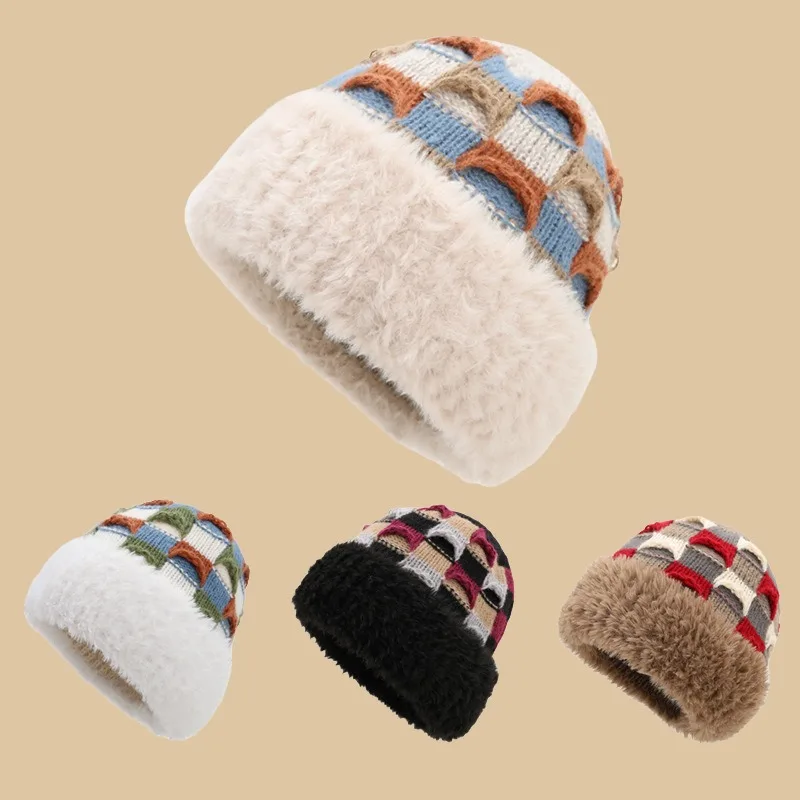 Damska czapka beanie jesienno-zimowa, ciepła, wkładana przez głowę, modna, uniwersalna, kolorowa, patchworkowa, gruba czapka dziergana Damska czapka beanie jesienno-zimowa, ciepła, wkładana przez głowę, modna, uniwersalna, kolorowa, patchworkowa, gruba czapka dziergana