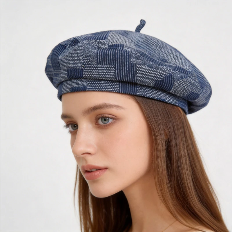 Damski beret w kratę, vintage, dziergany, czapka malarska, retro Y2K, czapka beanie na wiosnę, jesień i zimę