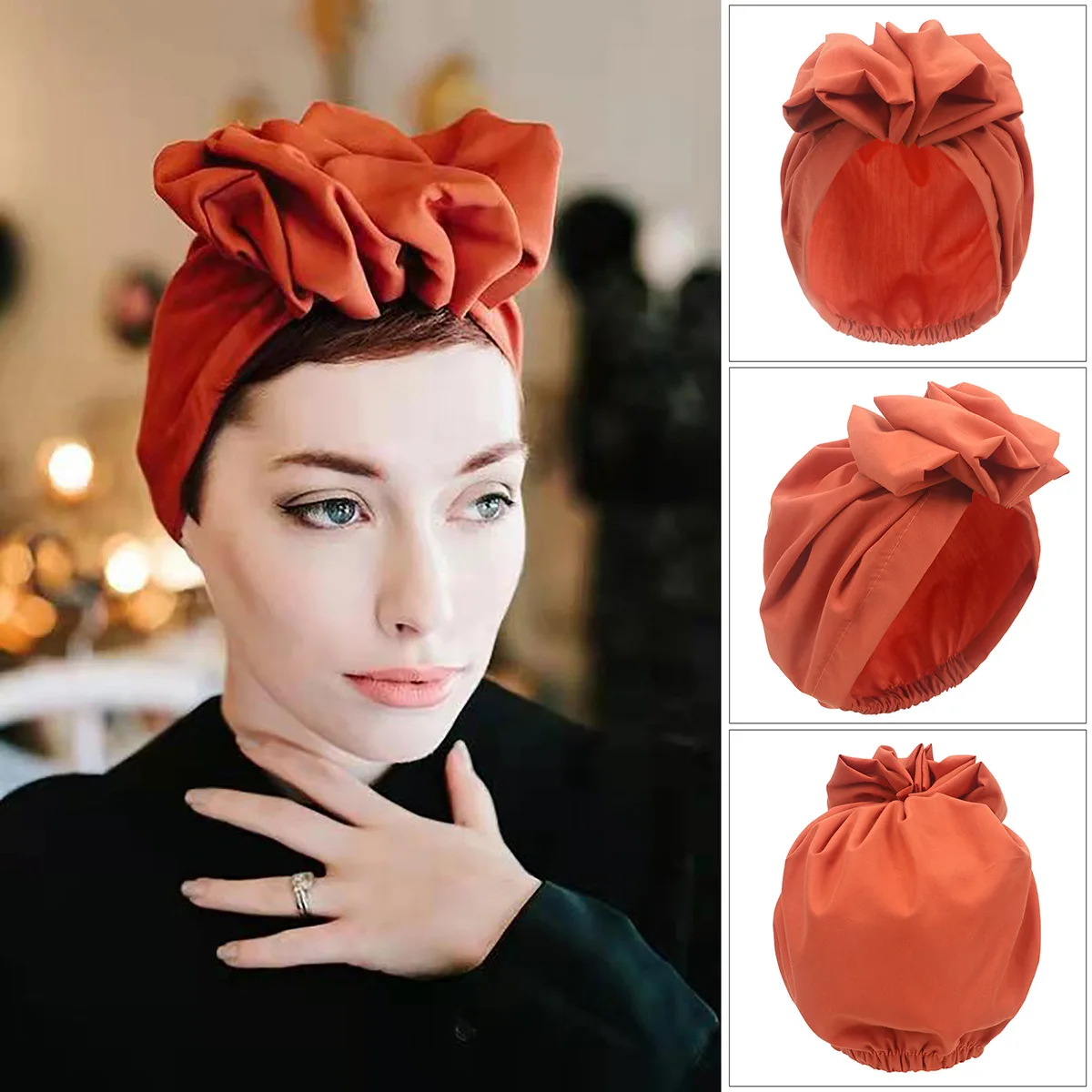 Damski duża główka rozmiar 58-65 moda jednolity color kapelusz do owijania Vintage Turban kwiat sweter