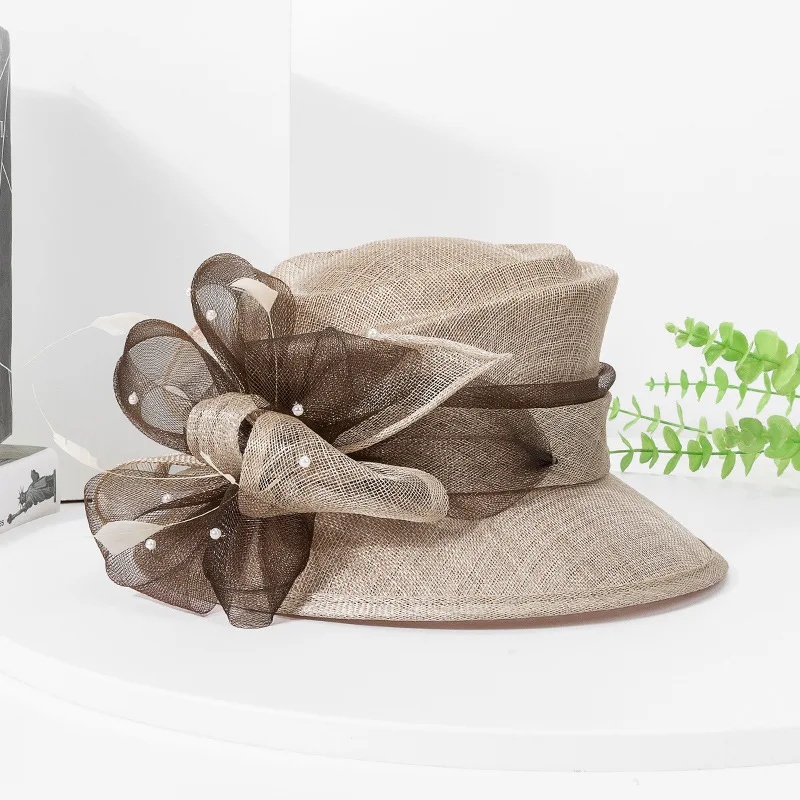 Elegancki lniany kapelusz ślubny Sinamay dla kobiet Elegancki kapelusz kościelny z szerokim rondem Fedoras Kentucky Derby Party Hat