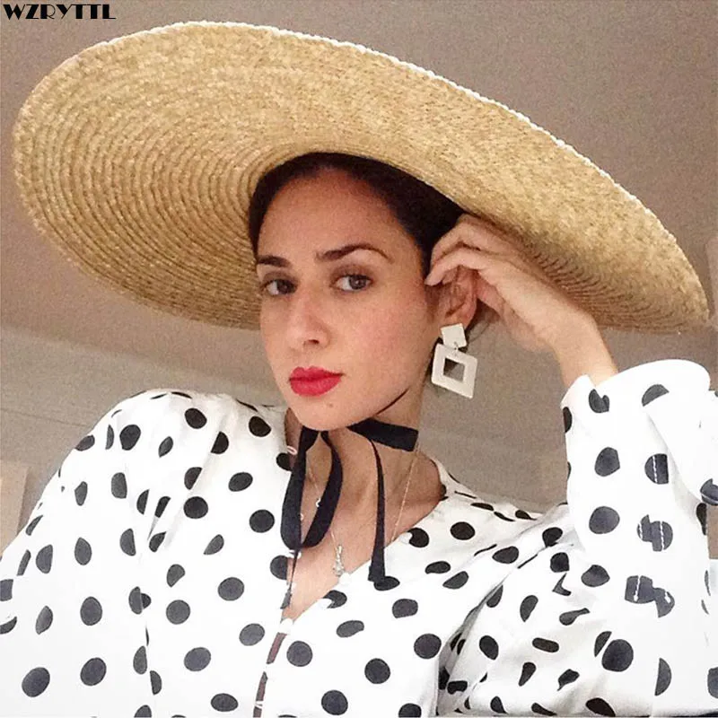 Elegancki naturalny 18cm duży słomkowy kapelusz z sznurowanym szerokim rondem Kentucky Derby kobiet kapelusz wstążka dziewczyna lato ochrona przed słońcem kapelusz na plażę