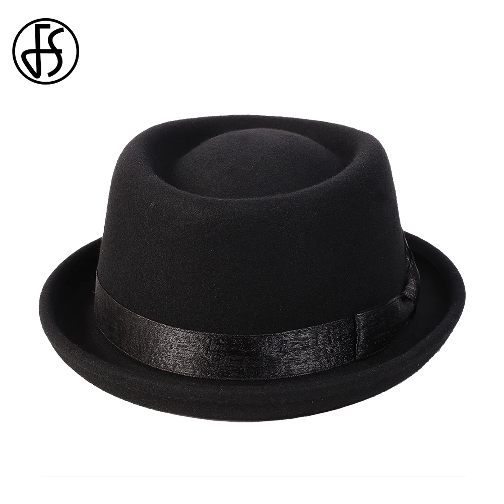 FS Black Wool Felt Pork Pie Hat Bow Mens Fedora Jazz Cap Wedding Church Panama Gangsters Caps Gentlemen Fashion Porkpie Hats FS Black Wool Felt Pork Pie Hat Bow Mens Fedora Jazz Cap Wedding Church Panama Gangsters Caps Gentlemen Fashion Porkpie Hats