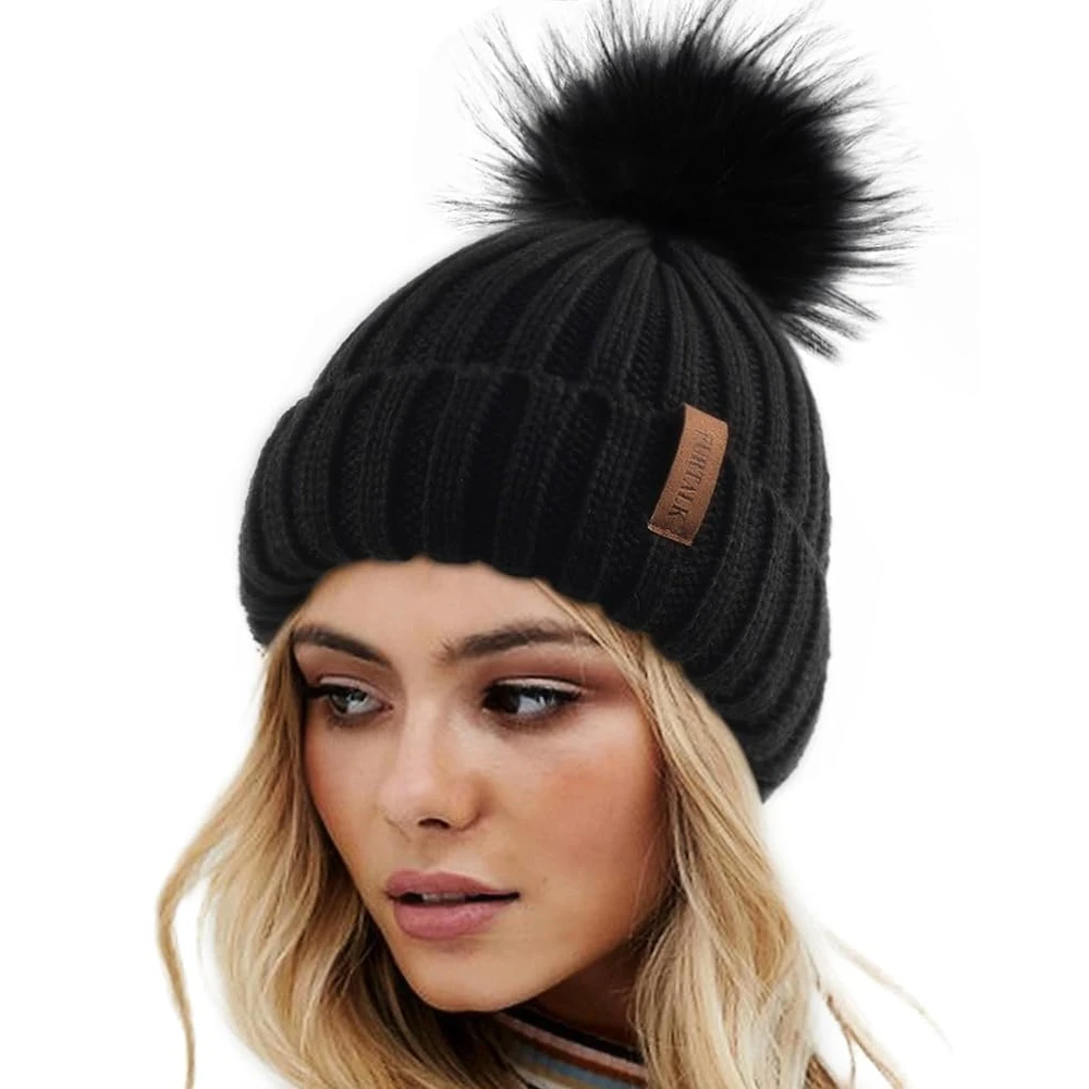 Furtalk – Damska dziergana czapka beanie z odpinanym sztucznym futerkiem, ciepła zimowa czapka typu skull cap do noszenia na zewnątrz Furtalk – Damska dziergana czapka beanie z odpinanym sztucznym futerkiem, ciepła zimowa czapka typu skull cap do noszenia na zewnątrz