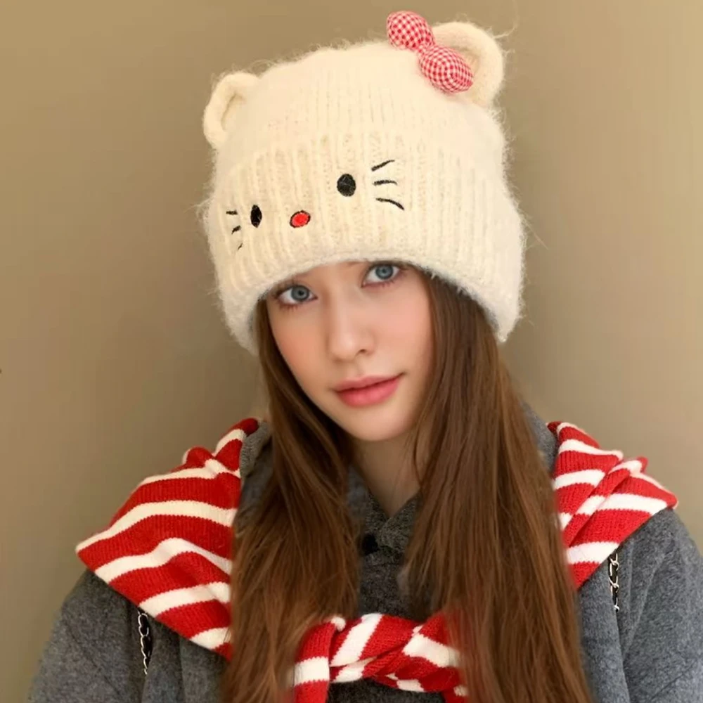 Gorąca Wyprzedaż Damska Luźna Czapka Beanie z Uroczymi Kocimi Uszkami i Kokardką, Zimowa Czapka Dzianinowa dla Kobiet, Streetwearowa Czapka Zimowa