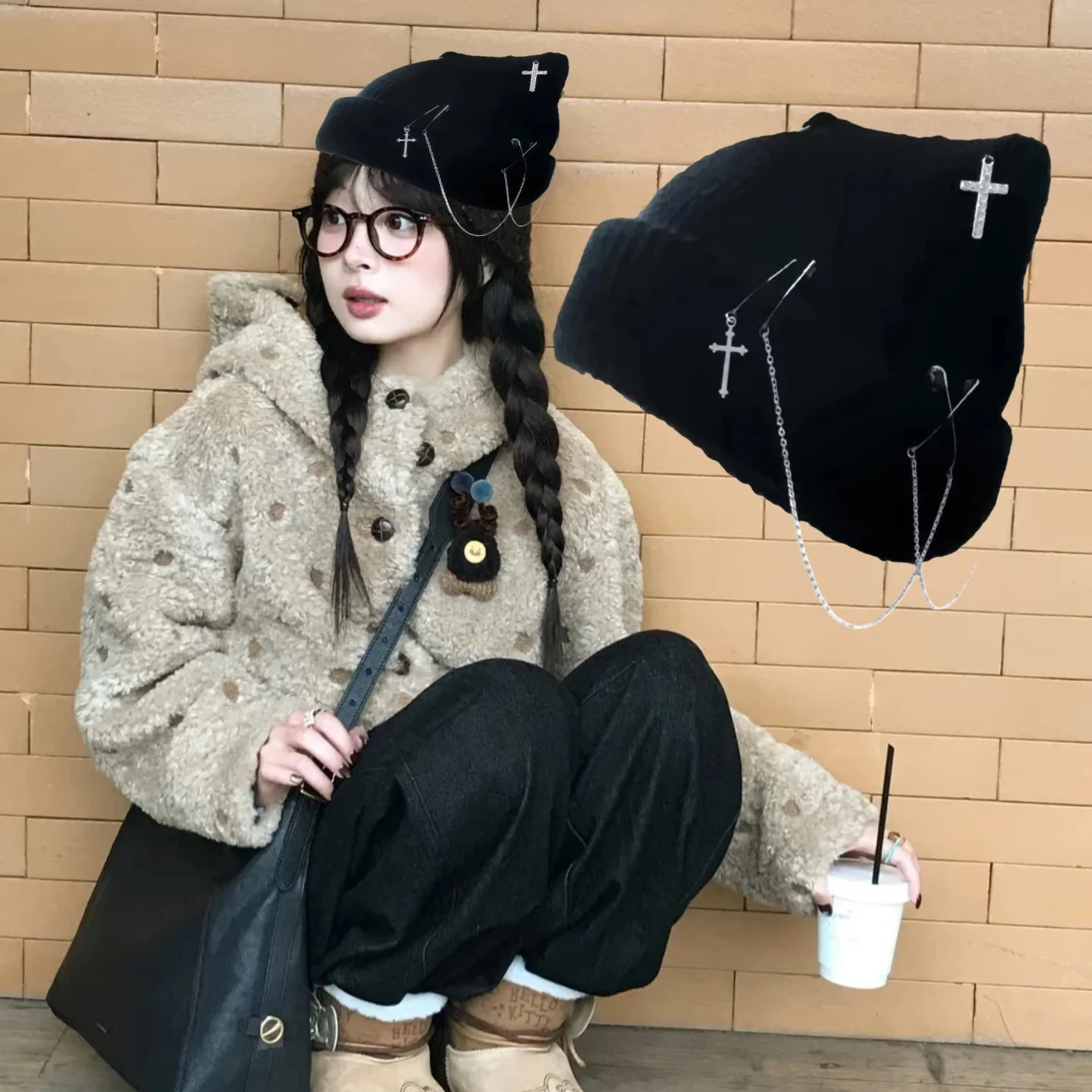 Gotycka dziergana czapka beanie dla kobiet Y2K czapka z kocimi uszkami ręcznie robiona na szydełku czapka z czaszką dla nastolatek subkultury nakrycie głowy Gotycka dziergana czapka beanie dla kobiet Y2K czapka z kocimi uszkami ręcznie robiona na szydełku czapka z czaszką dla nastolatek subkultury nakrycie głowy