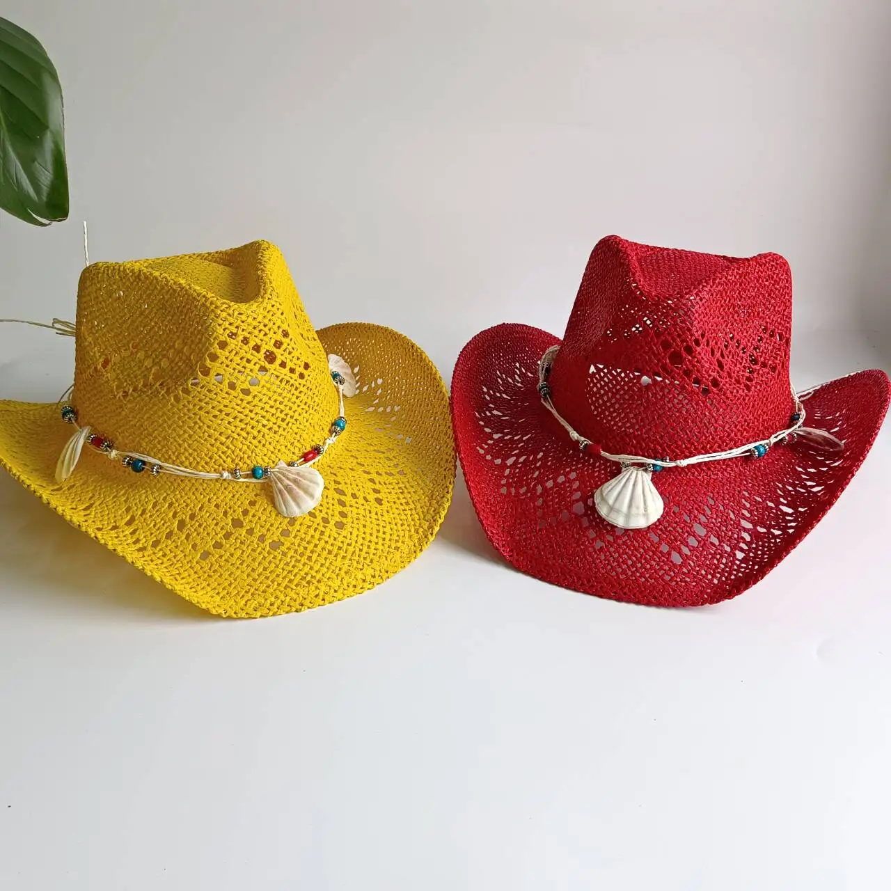 Jasnożółte kapelusze kowbojskie ze słomy, damskie i męskie, z akcesoriami z muszli i pereł, kapelusz przeciwsłoneczny z szerokim rondem w stylu western, sombrero