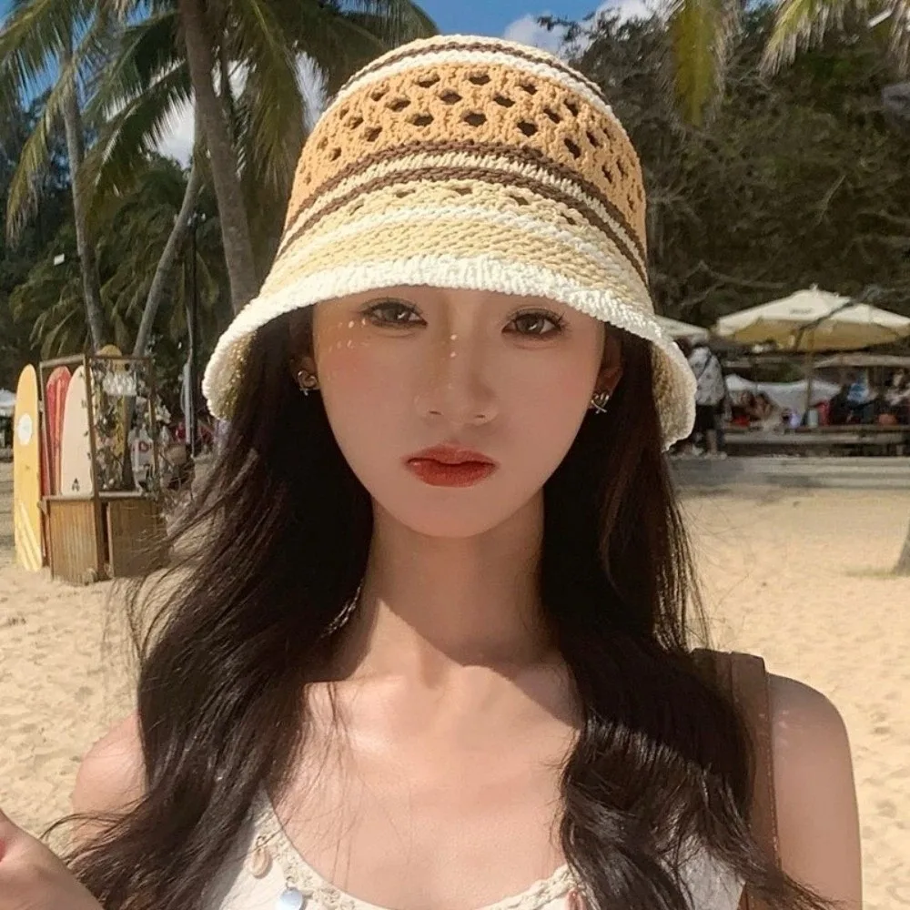 Kapelusz typu bucket hat w paski, wielokolorowy, na wakacje na plaży, kapelusz rybacki, ażurowy kapelusz przeciwsłoneczny, kapelusz panama, czapki bob Kapelusz typu bucket hat w paski, wielokolorowy, na wakacje na plaży, kapelusz rybacki, ażurowy kapelusz przeciwsłoneczny, kapelusz panama, czapki bob