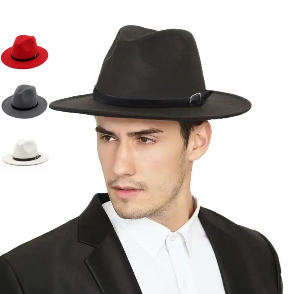 Klasyczny kapelusz fedora z szerokim rondem w stylu brytyjskim, na formalne okazje, jednolity kolor, zimowe kapelusze filcowe, kapelusze jazzowe dla dżentelmenów, kapelusze wełniane, męskie i damskie