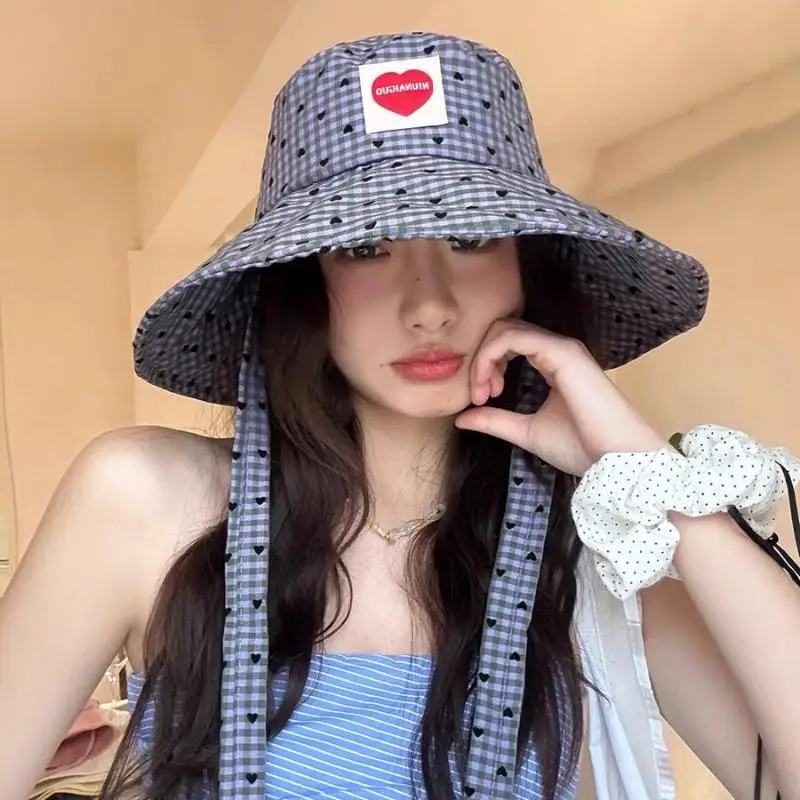 Koreański kapelusz typu bucket w kratę dla kobiet, składany, z szerokim rondem, chroniący przed promieniowaniem UV, ozdobiony koronką, modny, na plażę, podróże, na co dzień, letni kapelusz przeciwsłoneczny