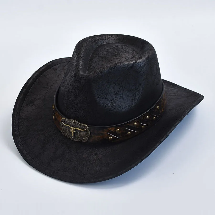 Mężczyźni kobiety zachodnie kowbojskie kapelusze Faux Leather Vintage Gentleman Cowgirl jazzowe kapelusze Sombrero Hombre