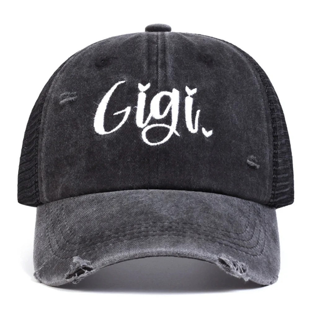 Modne czapki z haftem Mimi Gigi z pranej bawełny, vintage, regulowane czapki baseballowe z siatką, codzienne, oddychające sportowe daszki Modne czapki z haftem Mimi Gigi z pranej bawełny, vintage, regulowane czapki baseballowe z siatką, codzienne, oddychające sportowe daszki