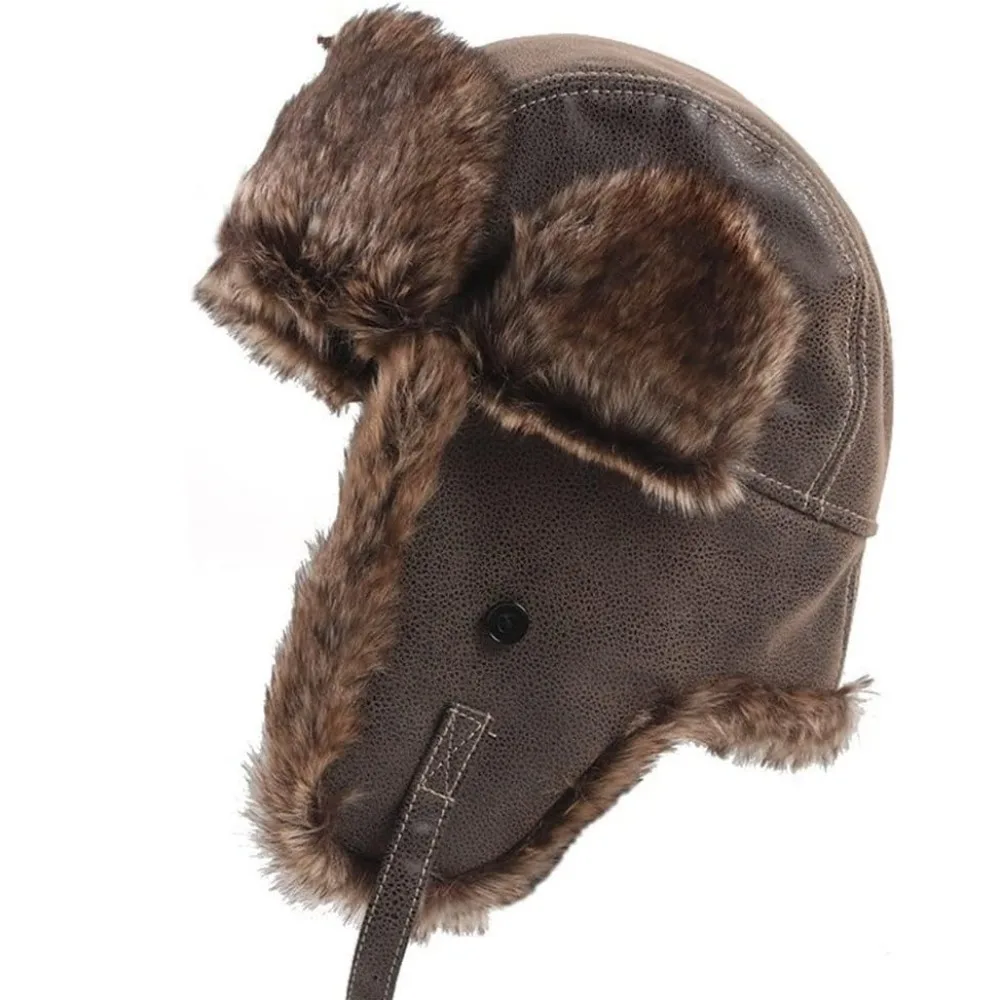 Nowa Skórzana Zimowa Czapka Trapperka z Sztucznym Futrem, Wyściełana, Pilotka, Narciarska Ushanka, Wiatroodporna, z Ochroną Uszu, Czapka Myśliwska na Zewnątrz