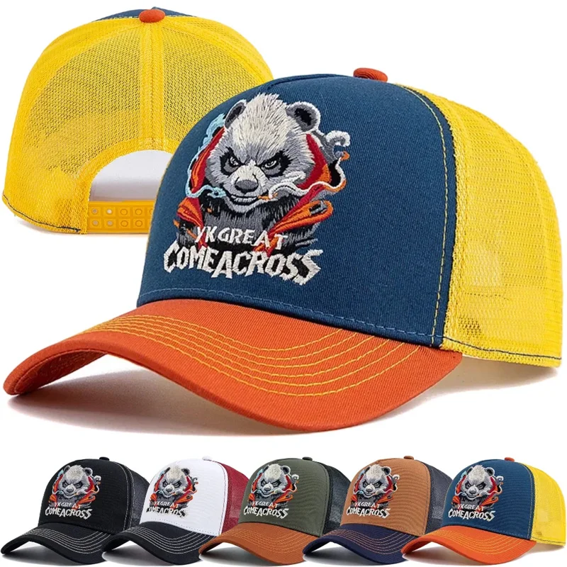Nowa Wysokiej Jakości Czapka Bejsbolówka z Haftem Pandy Męska Damska Letnia Oddychająca Czapka typu Snapback z Siatką Trucker Designerska Czapka Tata