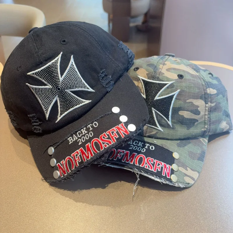 Nowe Unisexowe Czapki Baseballowe z Haftem Krzyżowym w Stylu Uszkodzonej Siatki, Ochrona Przed Słońcem, Wszechstronne Czapki z Daszkiem, Moda Uliczna Hip Hop