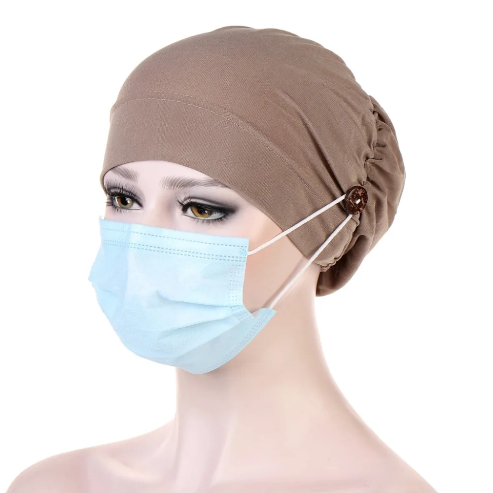 Nowy Design Modny Muzułmański Turban w Jednolitym Kolorze z Guzikiem Wielokolorowa Czapka Chemo Damska Ochrona Uszu Akcesoria do Włosów