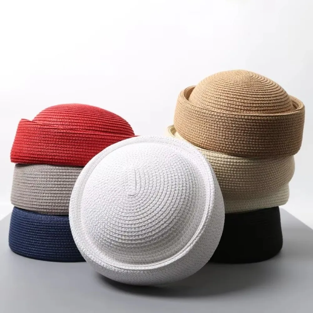 Oddychający beret, kapelusz przeciwsłoneczny z płaskim wierzchem, okrągły wklęsły wierzch, słomkowy kapelusz przeciwsłoneczny, ręcznie robiony słomkowy kapelusz typu pillbox, kostium do cosplayu
