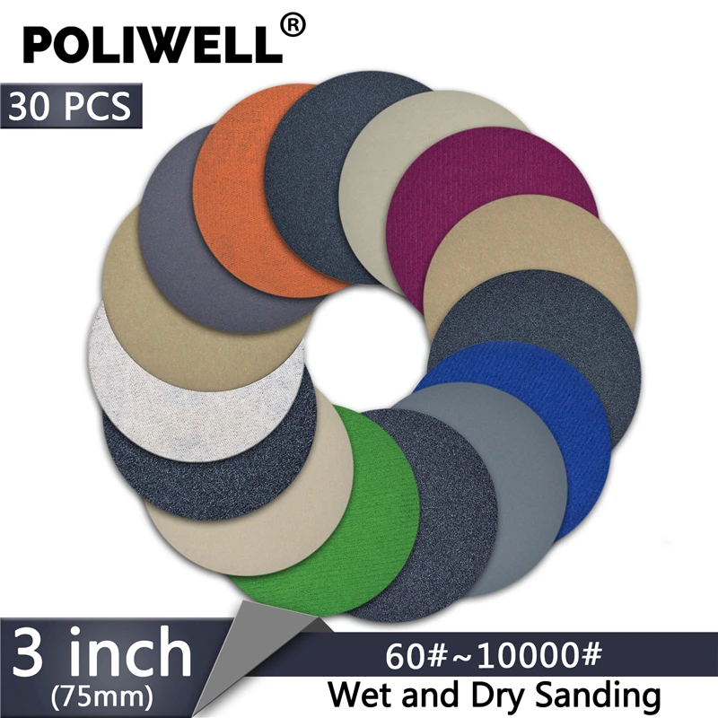 POLIWELL 30PCS 3 Inch Grit 60/240/3000/5000/10000 75mm Sanding Discs Silicon Carbide Round Flocking Sandpaper…