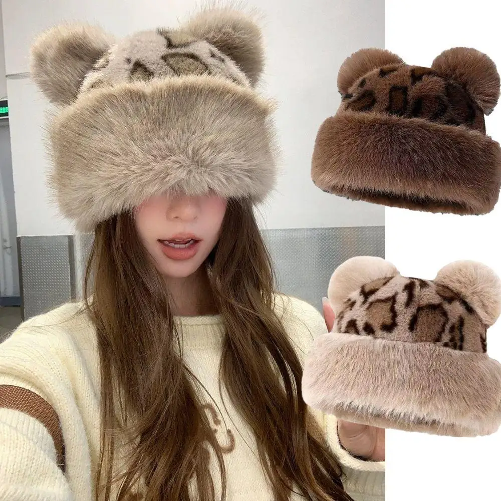 Retro Czapka Damska z Pluszowymi Uszami Kota w Leopardzi Wzór, Gruba Ciepła Futrzana Czapka, Wiatroodporna Puszysta Futrzana Czapka typu Bucket, Panama na Zimne Śnieżne Dni