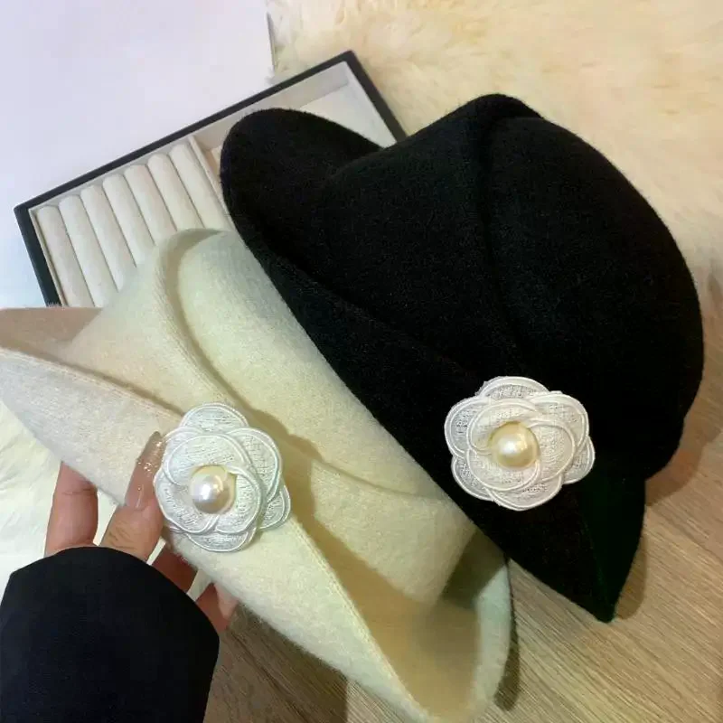 Retro Elegancki Kapelusz z Falbankami w Stylu Kamelii dla Kobiet, Jesienno-Zimowy Kapelusz Cylinder, Kapelusz Rybacki w Stylu Francuskim Retro Elegancki Kapelusz z Falbankami w Stylu Kamelii dla Kobiet, Jesienno-Zimowy Kapelusz Cylinder, Kapelusz Rybacki w Stylu Francuskim