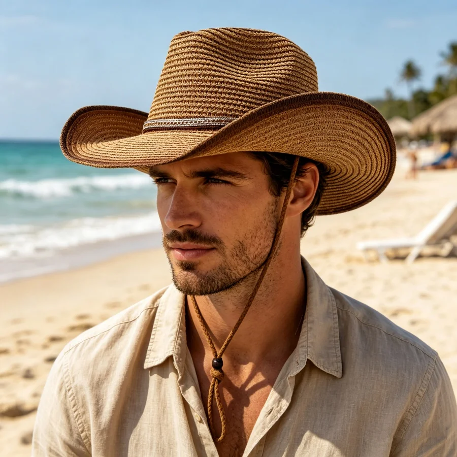 Retro kapelusz słomkowy w stylu western z gradientem kolorów, z wbudowanym paskiem chroniącym przed wiatrem, unisex, szerokie rondo dla ochrony przed słońcem, idealny na wakacje na plaży i do codziennej ochrony przed słońcem Retro kapelusz słomkowy w stylu western z gradientem kolorów, z wbudowanym paskiem chroniącym przed wiatrem, unisex, szerokie rondo dla ochrony przed słońcem, idealny na wakacje na plaży i do codziennej ochrony przed słońcem