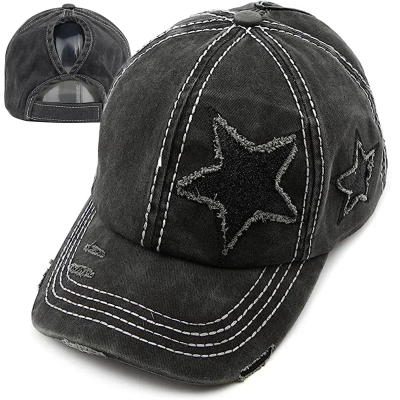 Retro Y2K Czapka z daszkiem z denimu z efektem sprania, dziurami i motywem gwiazd, czapka typu snapback, jesienno-letnia czapka wędkarska, czapki męskie i damskie, kaszkiety, gorras