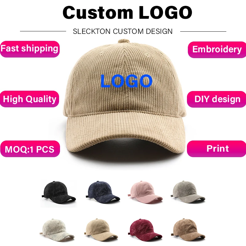 SLECKTON niestandardowe logo czapka z daszkiem marka Design LOGO haftowany napis DIY nadruk ze zdjęciem sztruksowa solidna retro kapelusz przeciwsłoneczny unisex