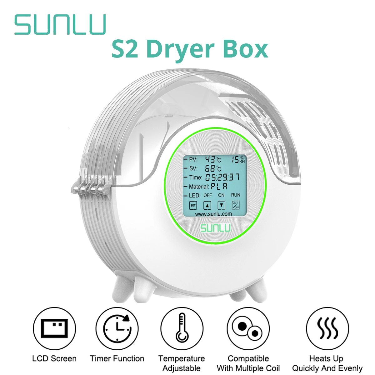 SUNLU S2 Suszarka do Filamentu 3D Ulepszona Filadryer LED Dotykowy Ekran Suszarka z Ogrzewaniem Obrotowym 360º…